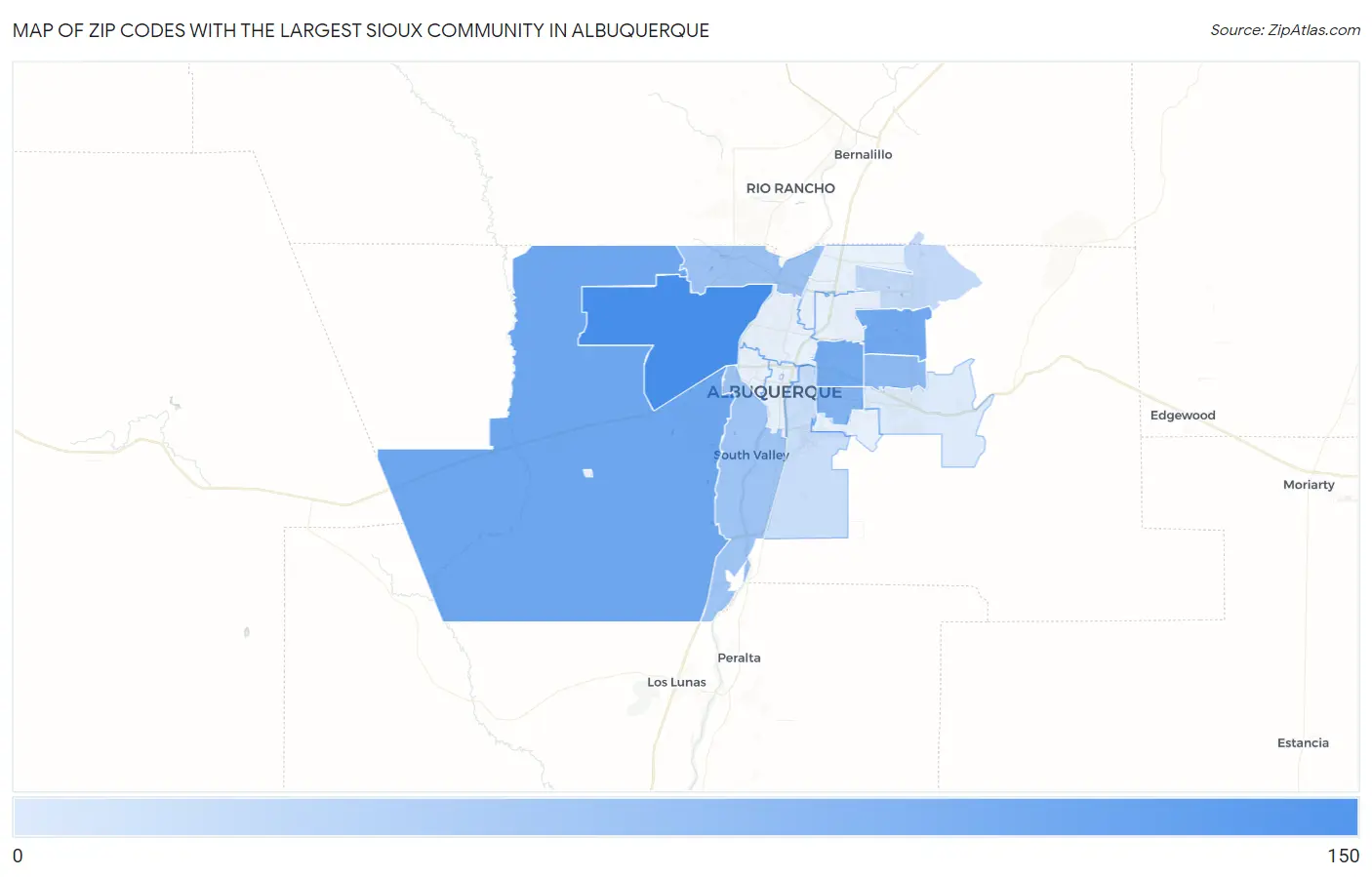 Zip Codes with the Largest Sioux Community in Albuquerque Map