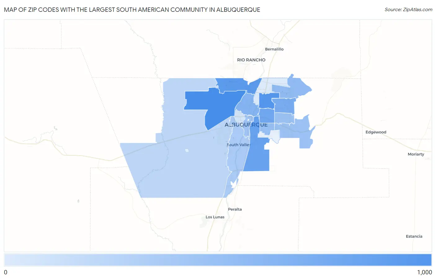 Zip Codes with the Largest South American Community in Albuquerque Map