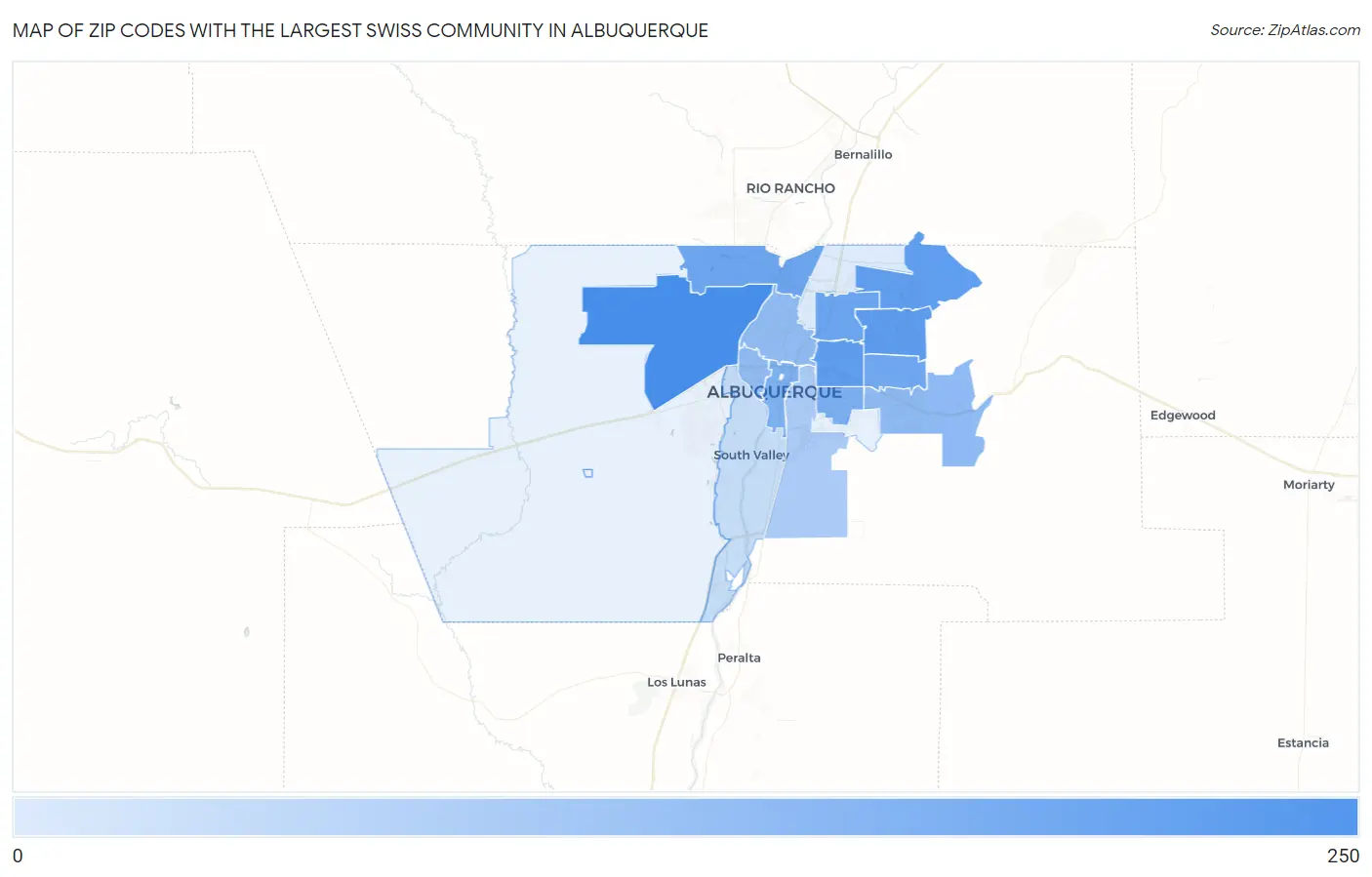 Zip Codes with the Largest Swiss Community in Albuquerque Map