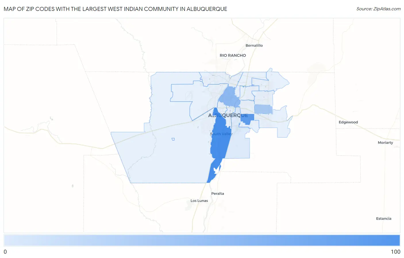 Zip Codes with the Largest West Indian Community in Albuquerque Map