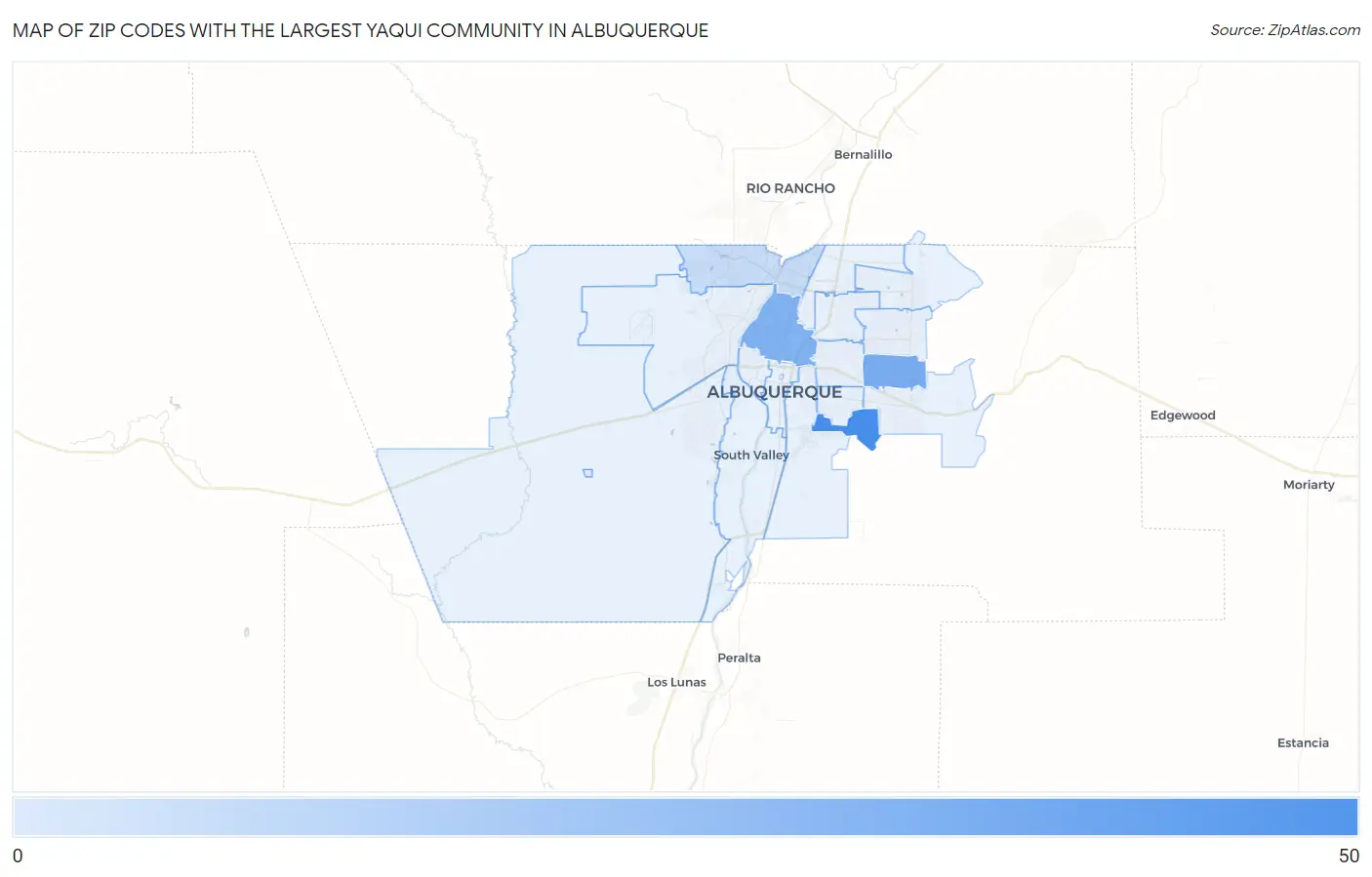 Zip Codes with the Largest Yaqui Community in Albuquerque Map
