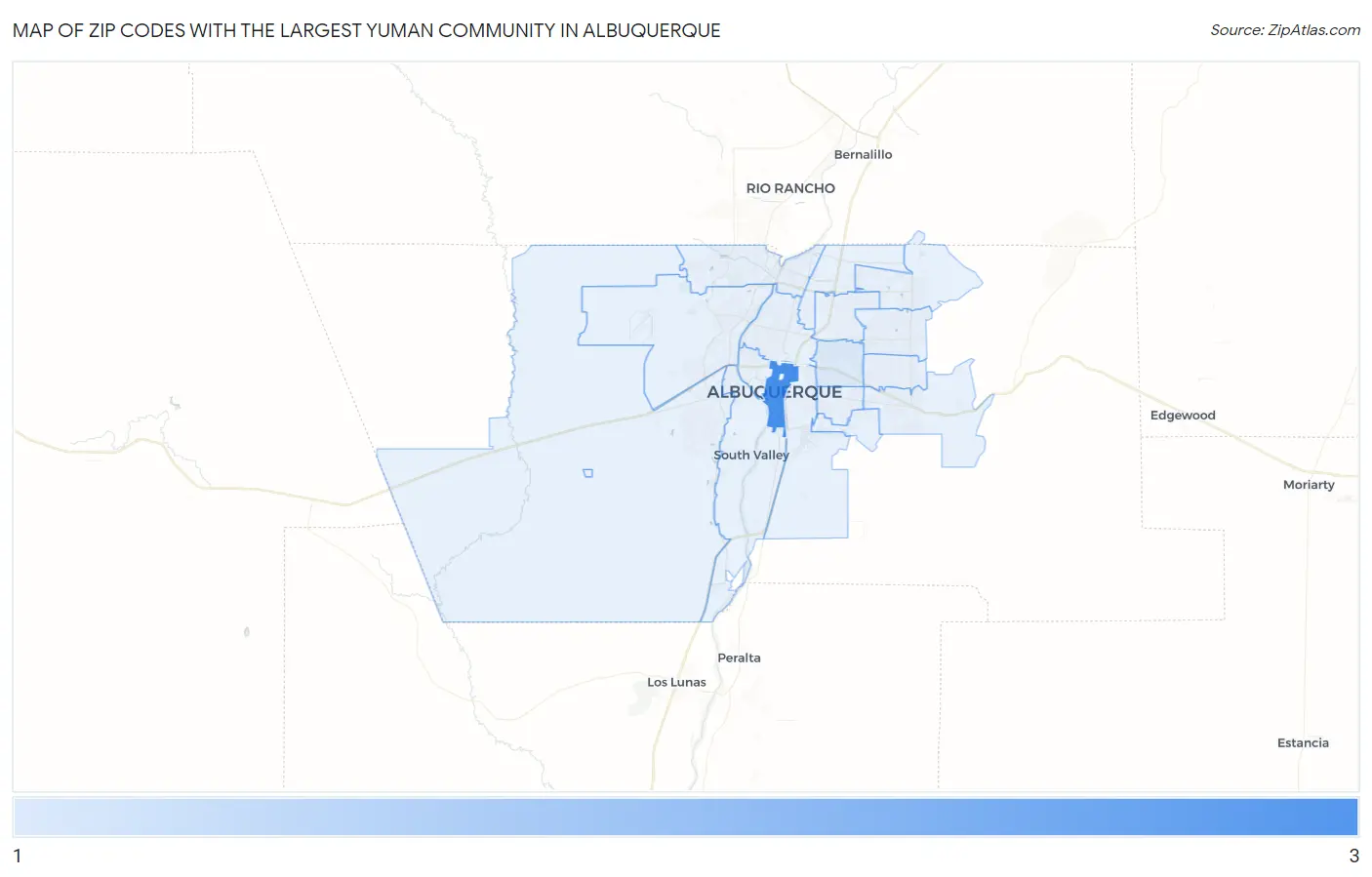 Zip Codes with the Largest Yuman Community in Albuquerque Map