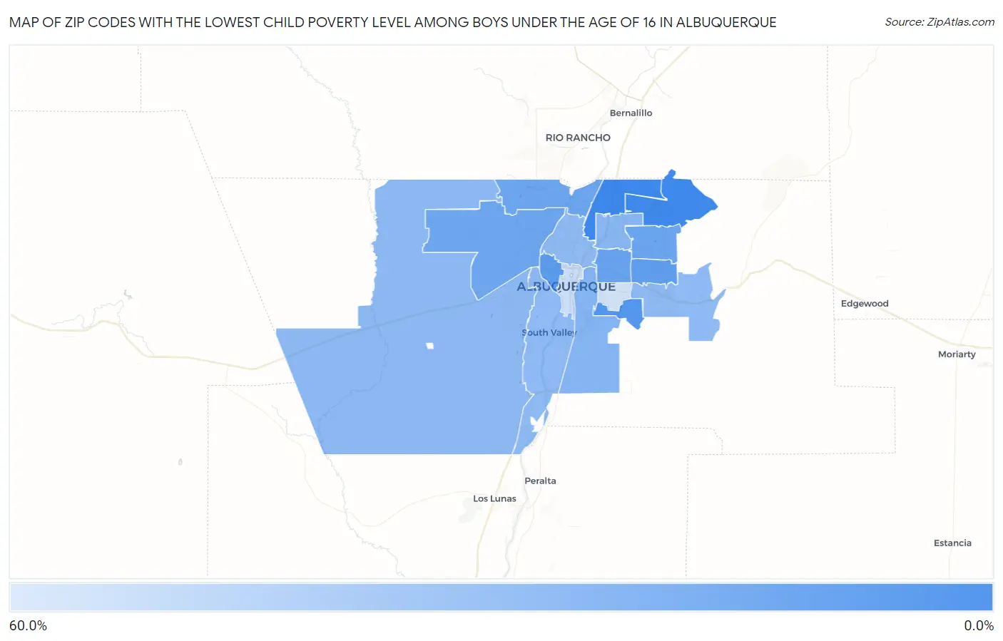 Zip Codes with the Lowest Child Poverty Level Among Boys Under the Age of 16 in Albuquerque Map