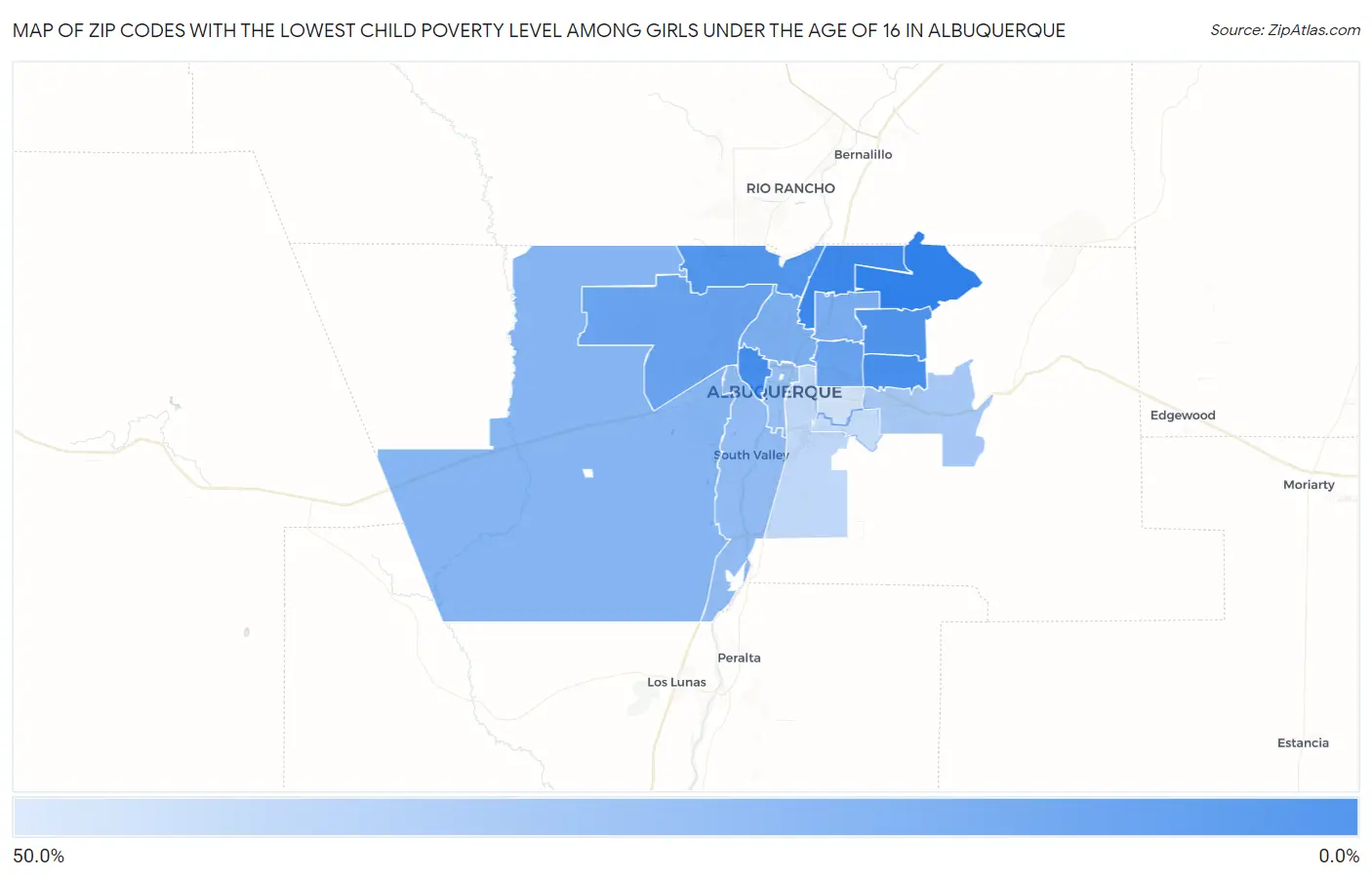 Zip Codes with the Lowest Child Poverty Level Among Girls Under the Age of 16 in Albuquerque Map