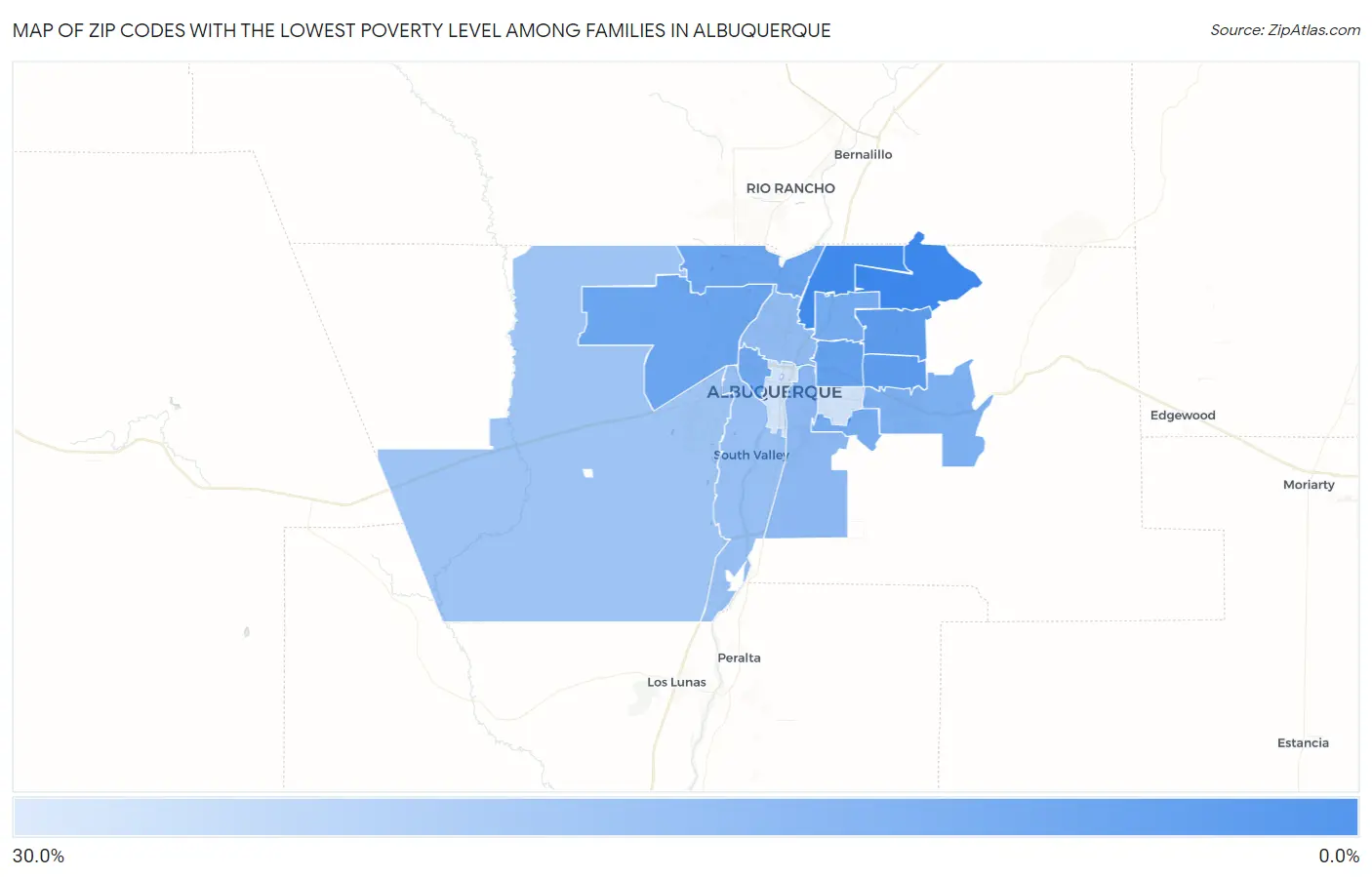 Zip Codes with the Lowest Poverty Level Among Families in Albuquerque Map