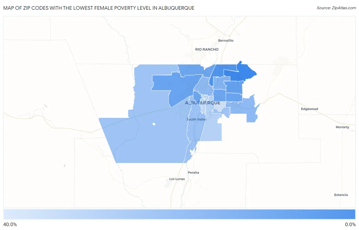 Zip Codes with the Lowest Female Poverty Level in Albuquerque Map