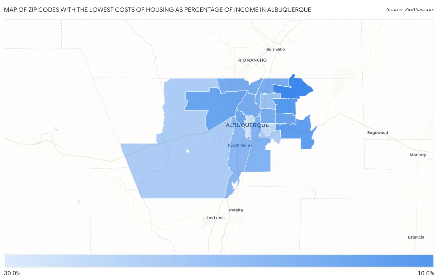 Zip Codes with the Lowest Costs of Housing as Percentage of Income in Albuquerque Map