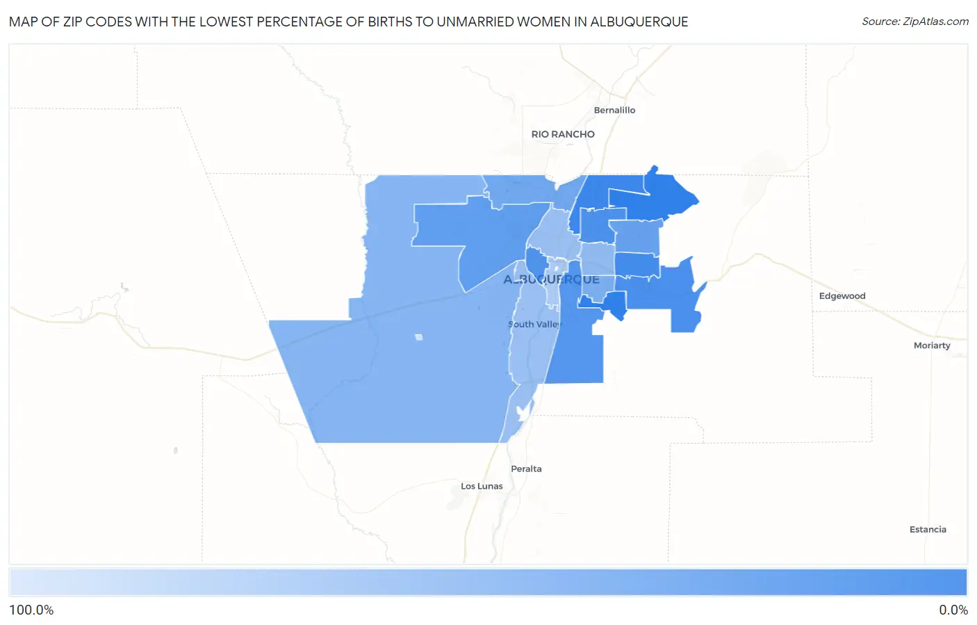 Zip Codes with the Lowest Percentage of Births to Unmarried Women in Albuquerque Map