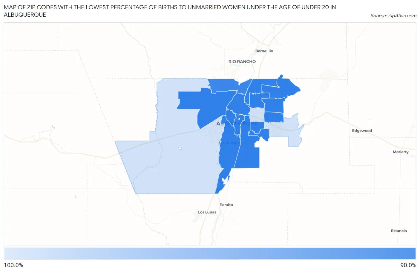 Zip Codes with the Lowest Percentage of Births to Unmarried Women under the Age of under 20 in Albuquerque Map