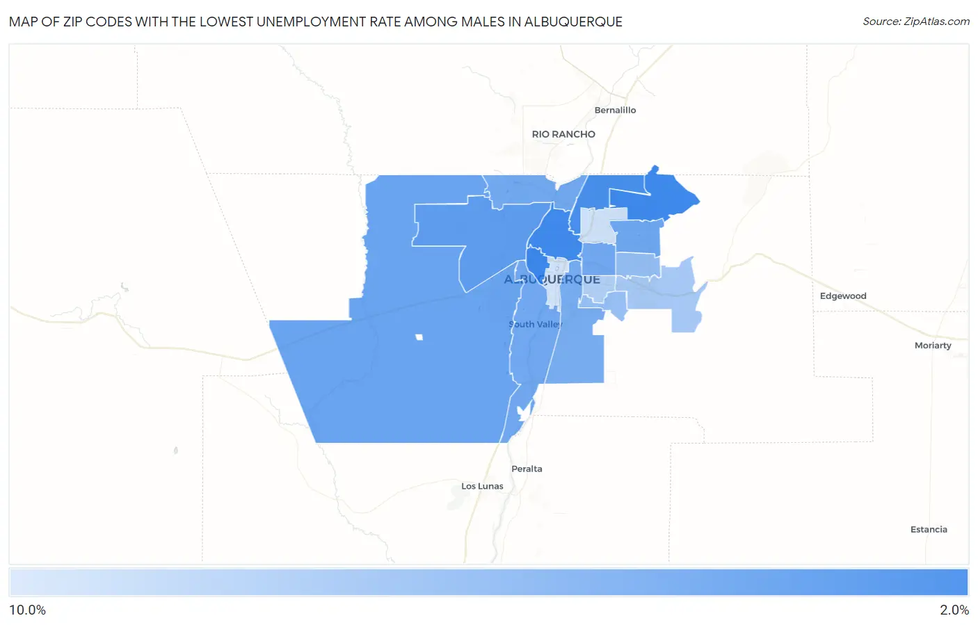 Zip Codes with the Lowest Unemployment Rate Among Males in Albuquerque Map