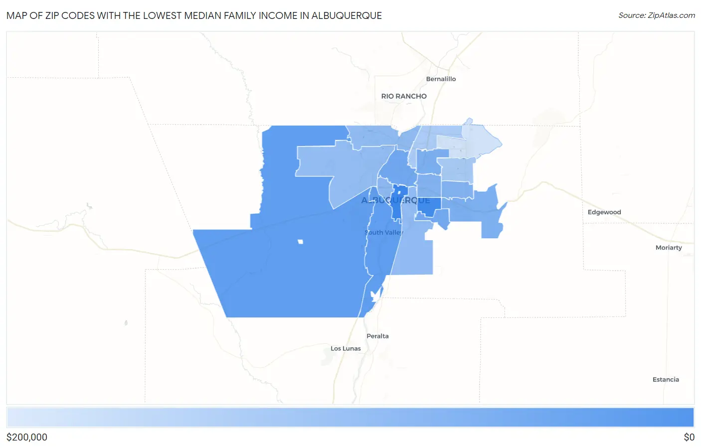 Zip Codes with the Lowest Median Family Income in Albuquerque Map