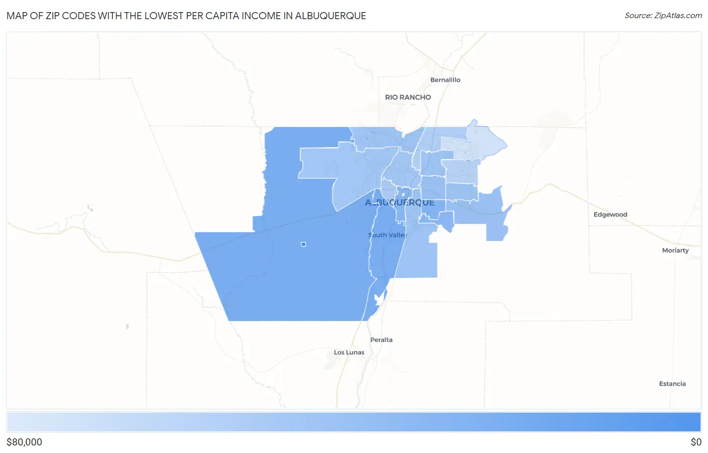 Zip Codes with the Lowest Per Capita Income in Albuquerque Map