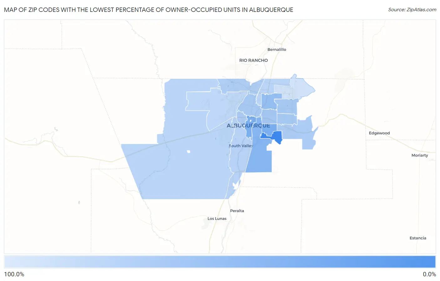 Zip Codes with the Lowest Percentage of Owner-Occupied Units in Albuquerque Map