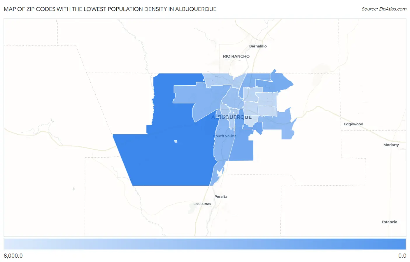 Zip Codes with the Lowest Population Density in Albuquerque Map