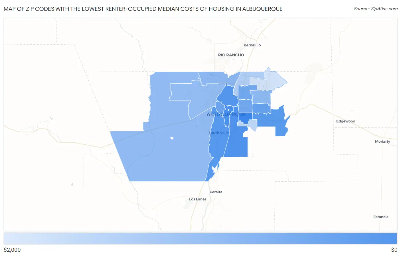 Zip Codes with the Lowest Renter-Occupied Median Costs of Housing in Albuquerque Map