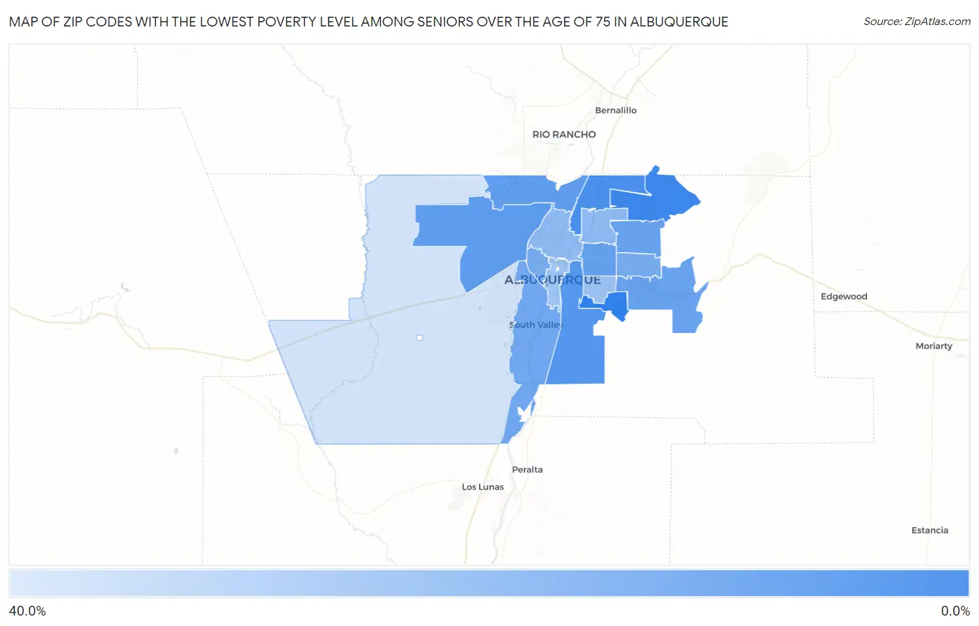 Zip Codes with the Lowest Poverty Level Among Seniors Over the Age of 75 in Albuquerque Map