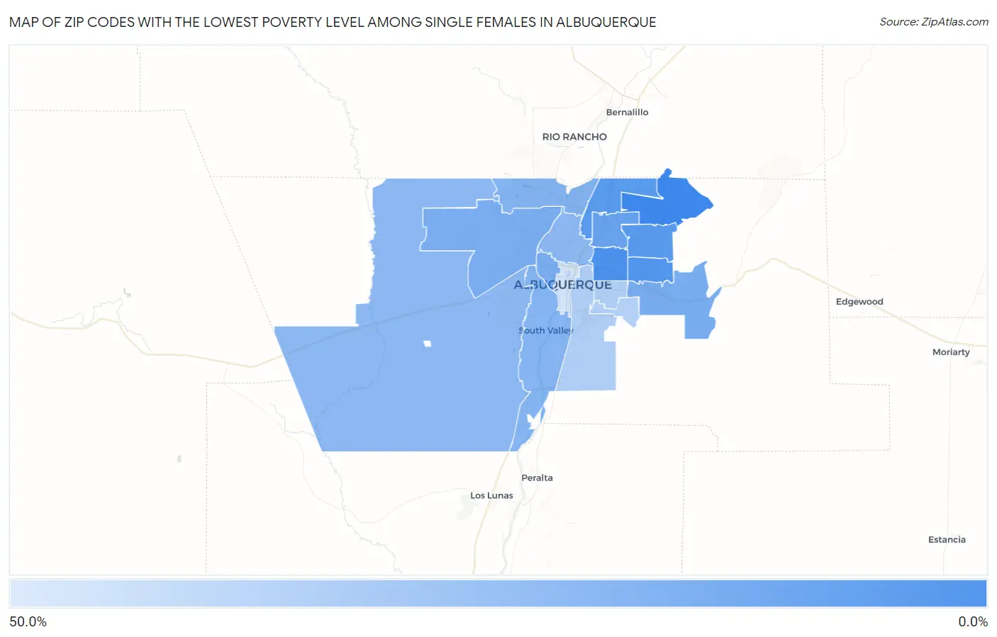 Zip Codes with the Lowest Poverty Level Among Single Females in Albuquerque Map