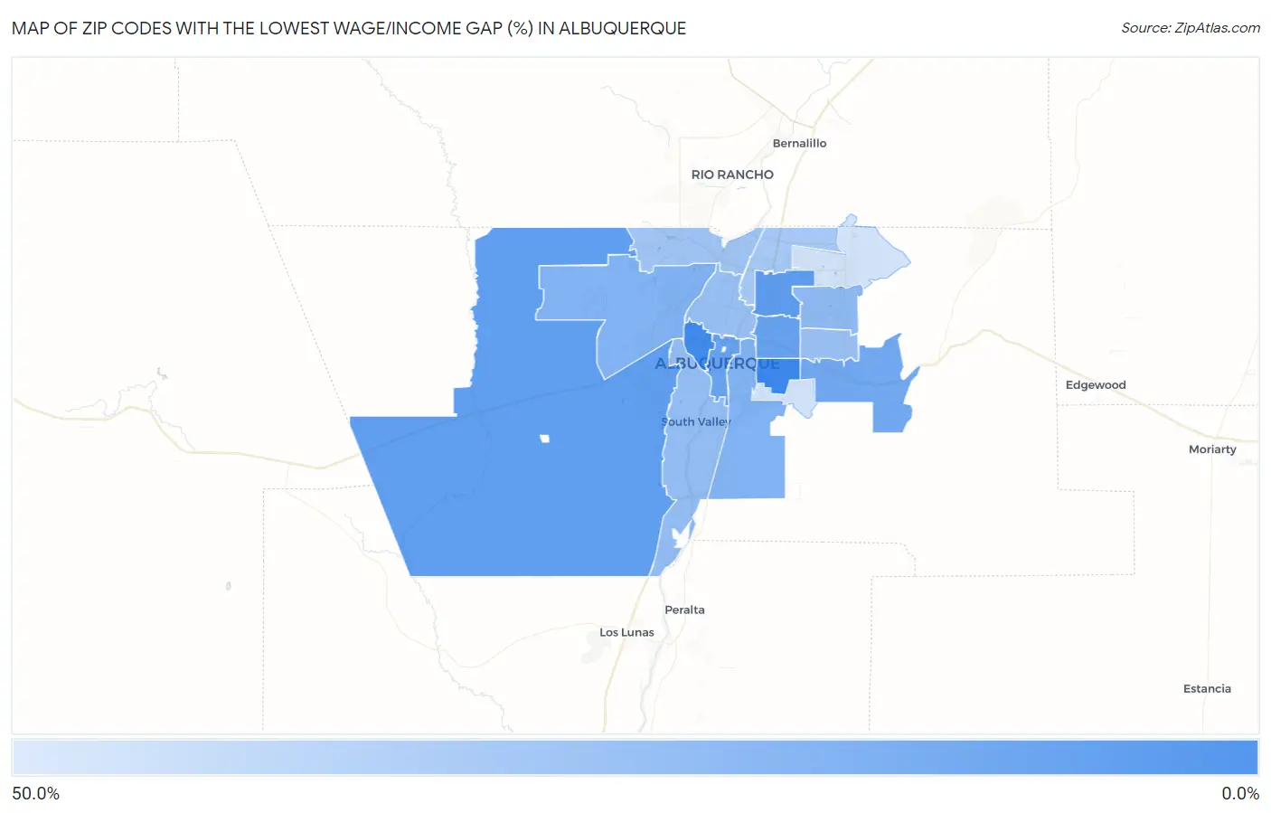 Zip Codes with the Lowest Wage/Income Gap (%) in Albuquerque Map