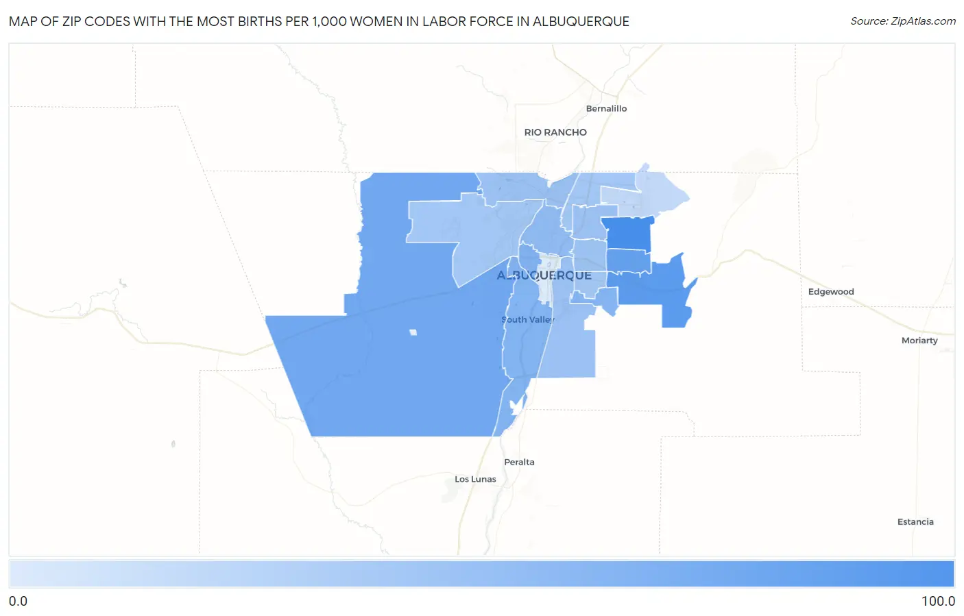 Zip Codes with the Most Births per 1,000 Women in Labor Force in Albuquerque Map