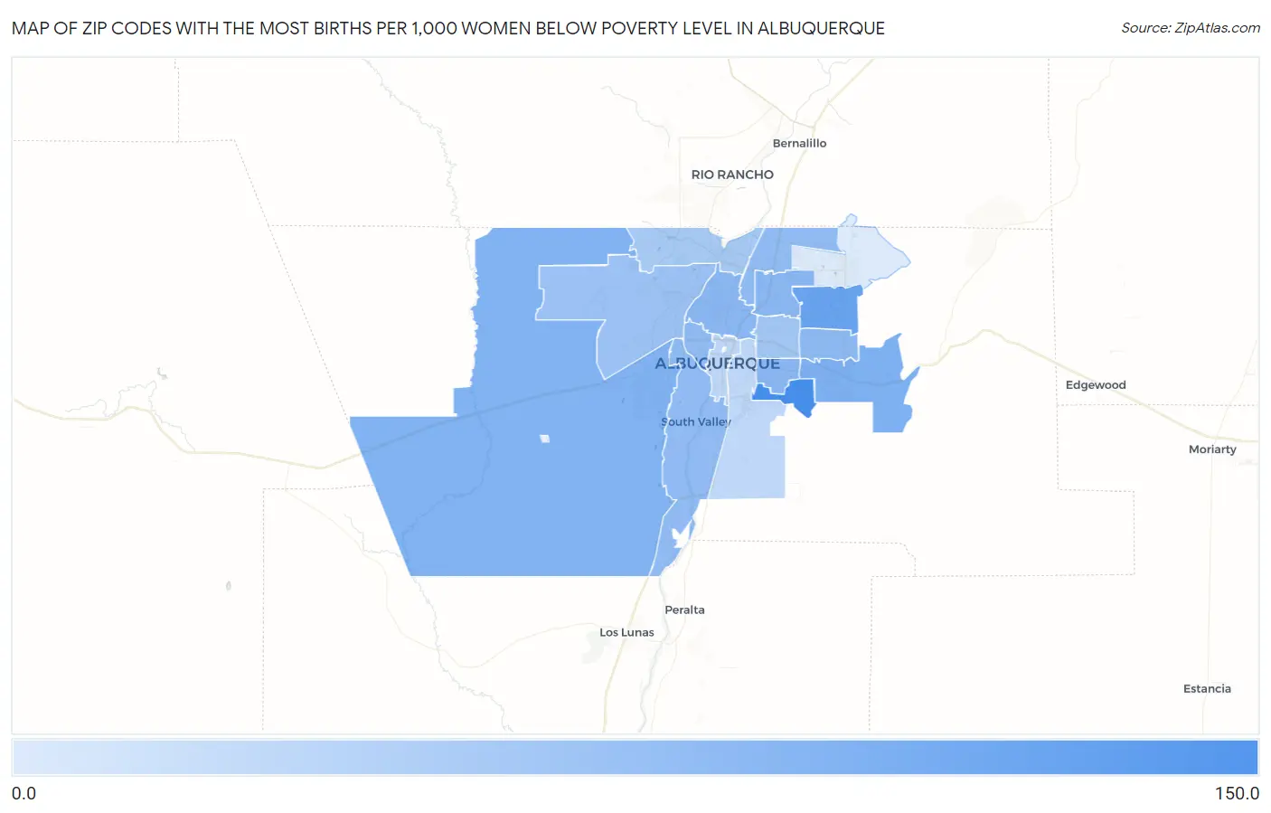 Zip Codes with the Most Births per 1,000 Women Below Poverty Level in Albuquerque Map