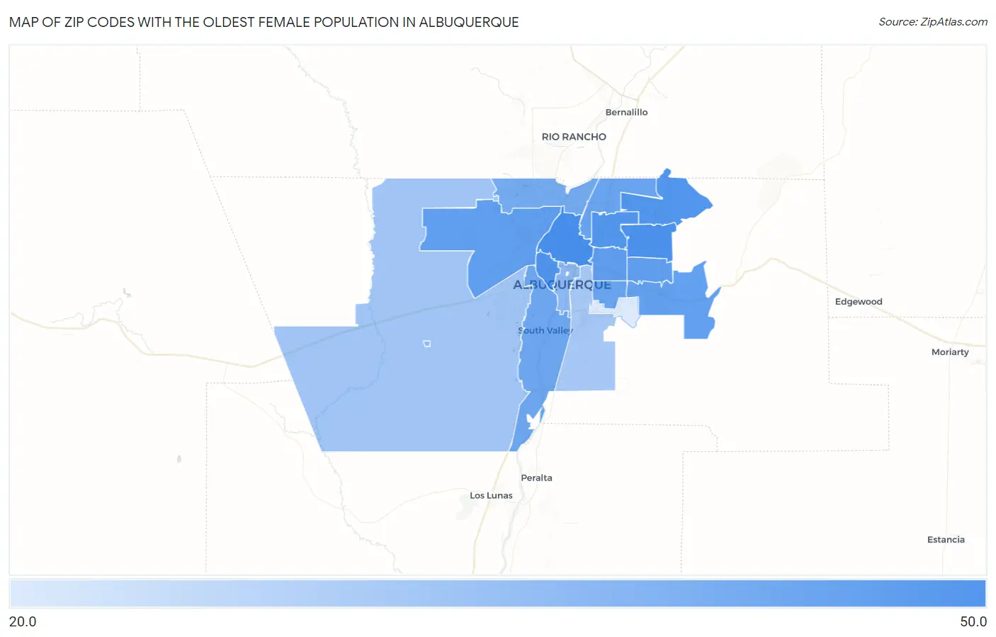 Zip Codes with the Oldest Female Population in Albuquerque Map