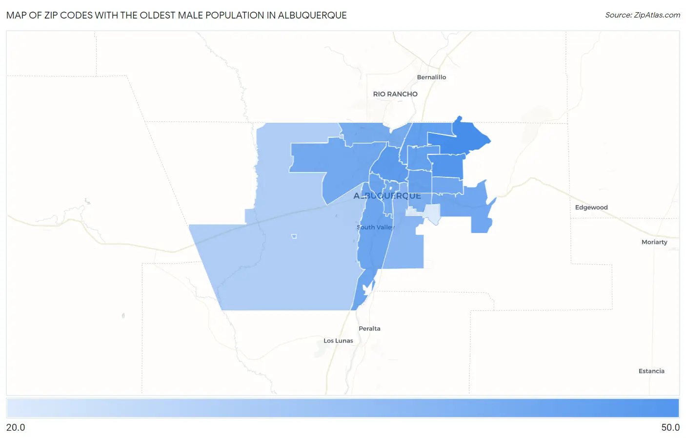 Zip Codes with the Oldest Male Population in Albuquerque Map