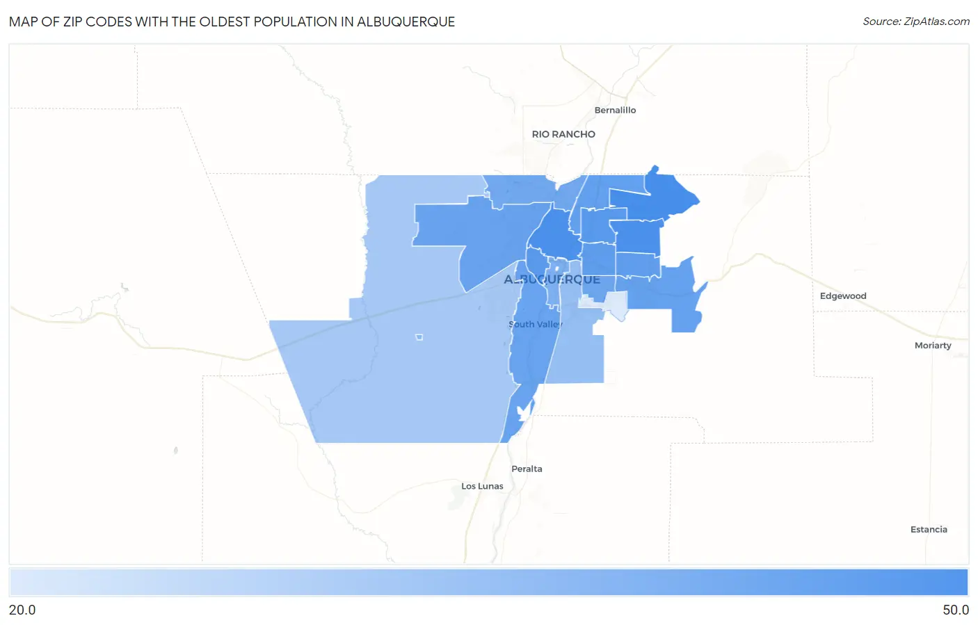 Zip Codes with the Oldest Population in Albuquerque Map