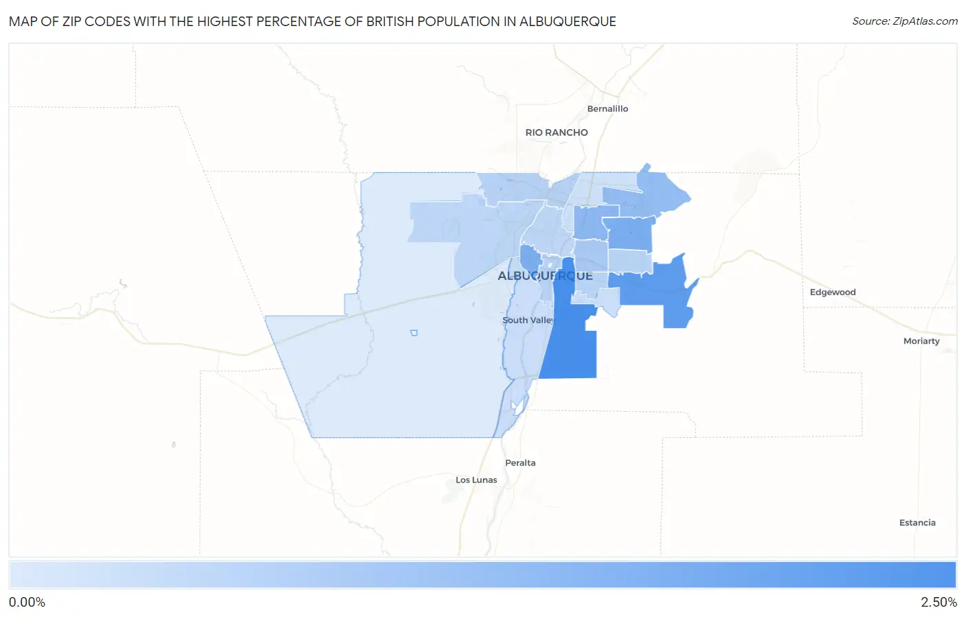 Zip Codes with the Highest Percentage of British Population in Albuquerque Map