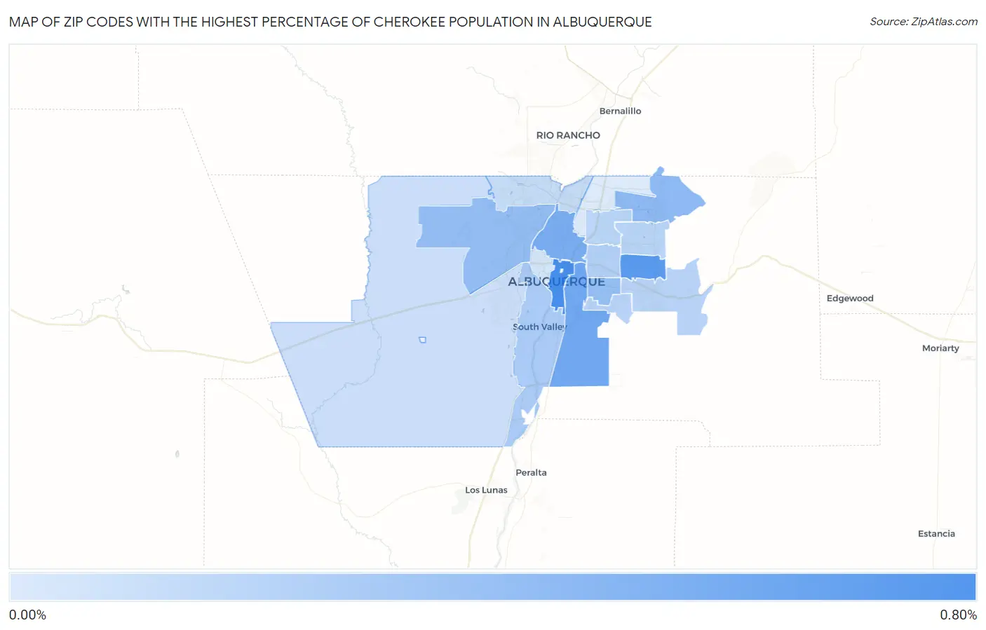 Zip Codes with the Highest Percentage of Cherokee Population in Albuquerque Map