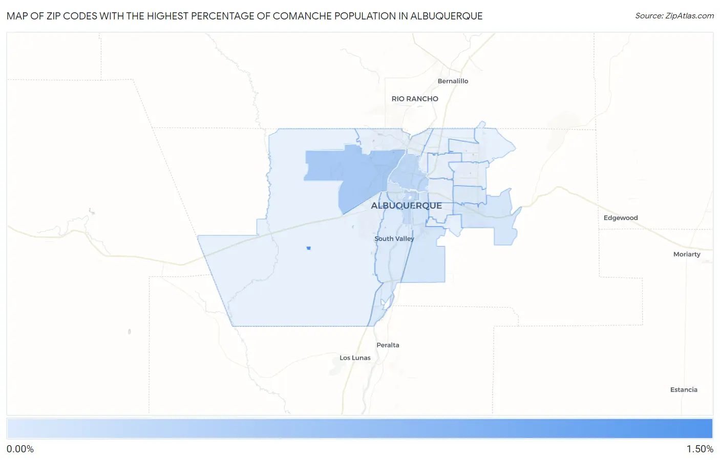 Zip Codes with the Highest Percentage of Comanche Population in Albuquerque Map