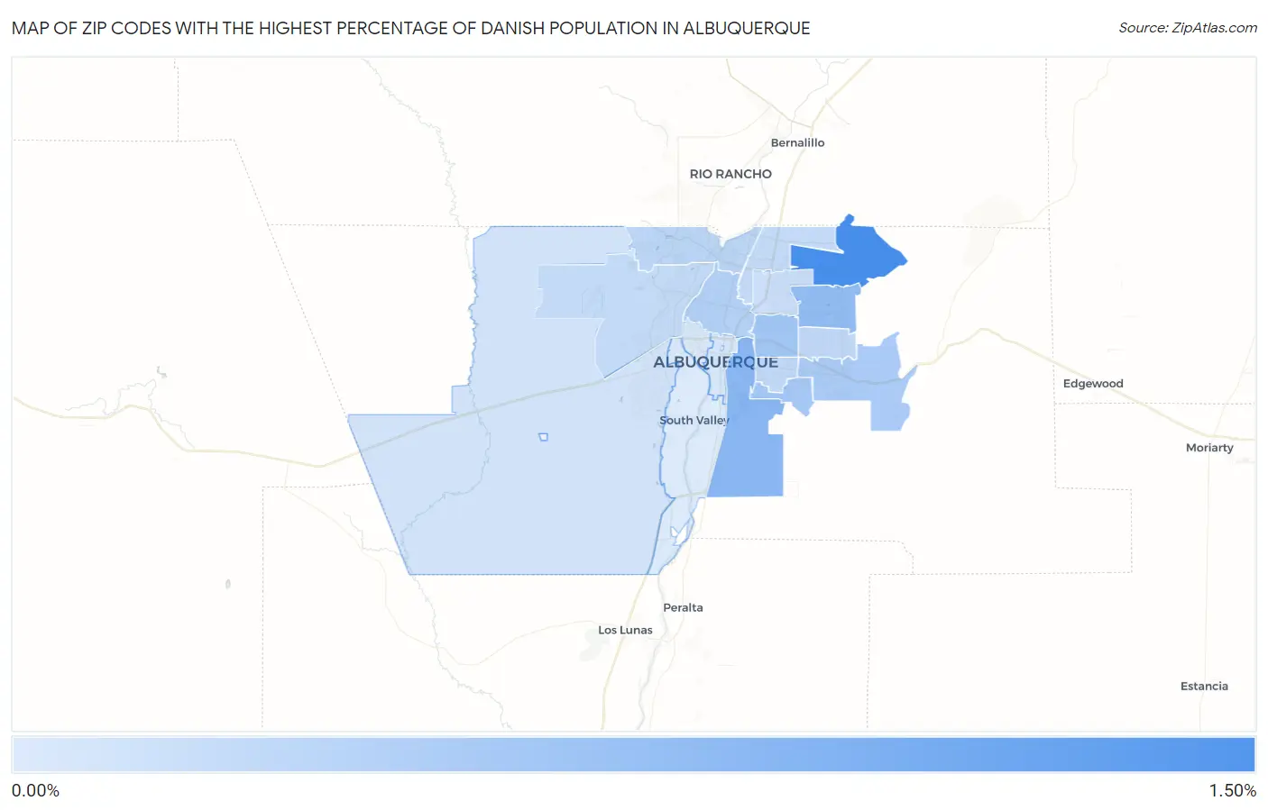 Zip Codes with the Highest Percentage of Danish Population in Albuquerque Map