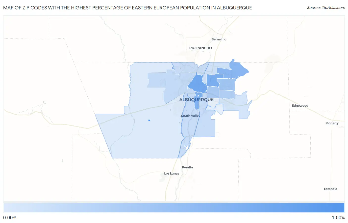 Zip Codes with the Highest Percentage of Eastern European Population in Albuquerque Map