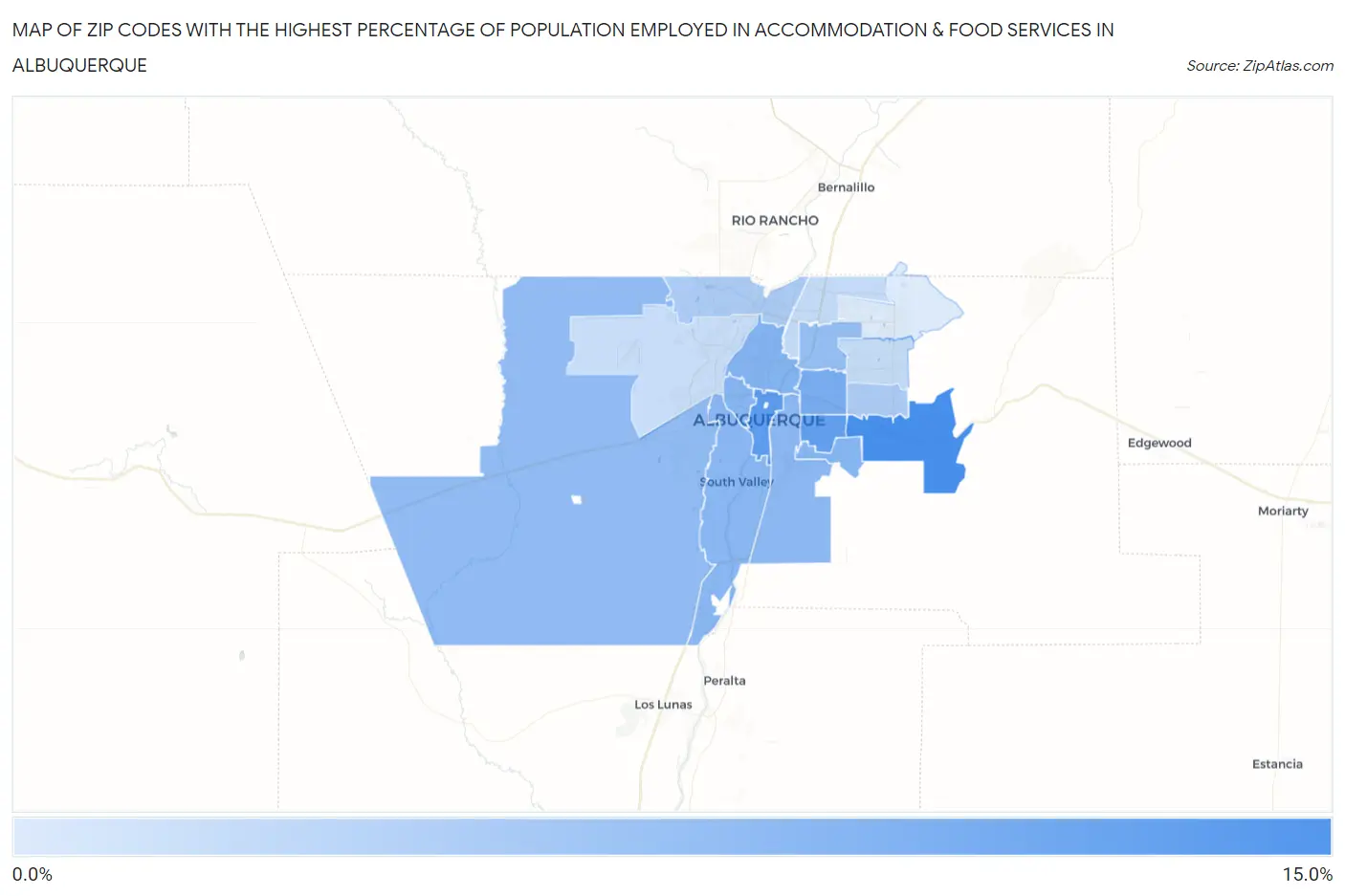 Zip Codes with the Highest Percentage of Population Employed in Accommodation & Food Services in Albuquerque Map