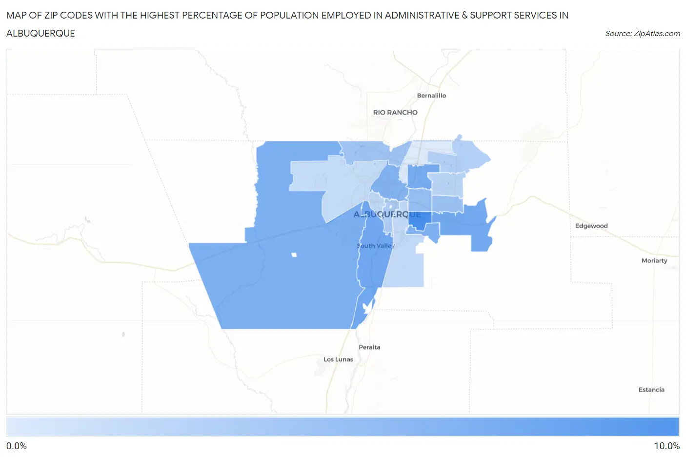 Zip Codes with the Highest Percentage of Population Employed in Administrative & Support Services in Albuquerque Map