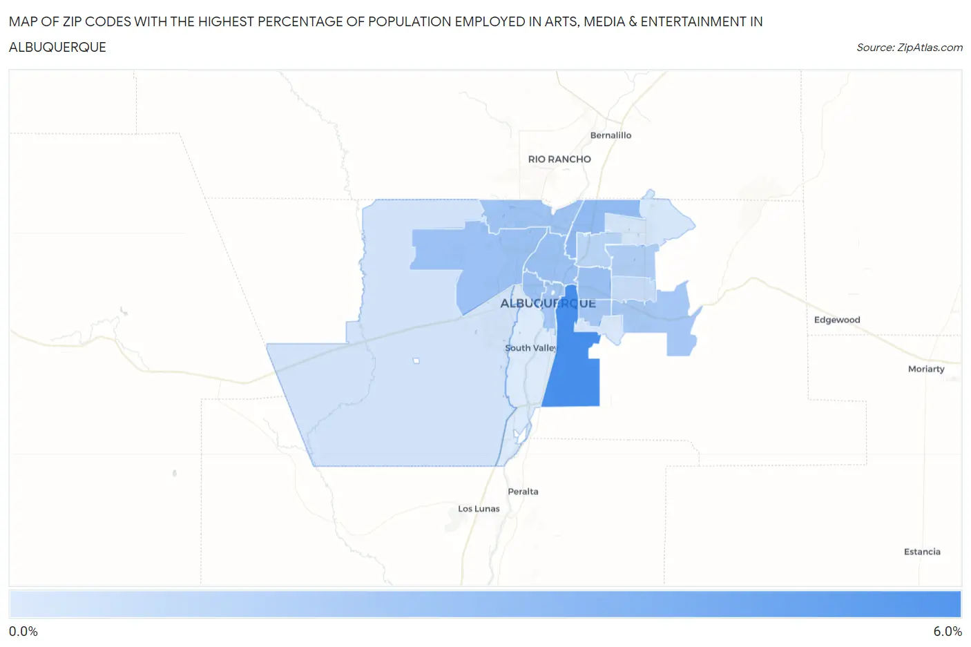 Zip Codes with the Highest Percentage of Population Employed in Arts, Media & Entertainment in Albuquerque Map