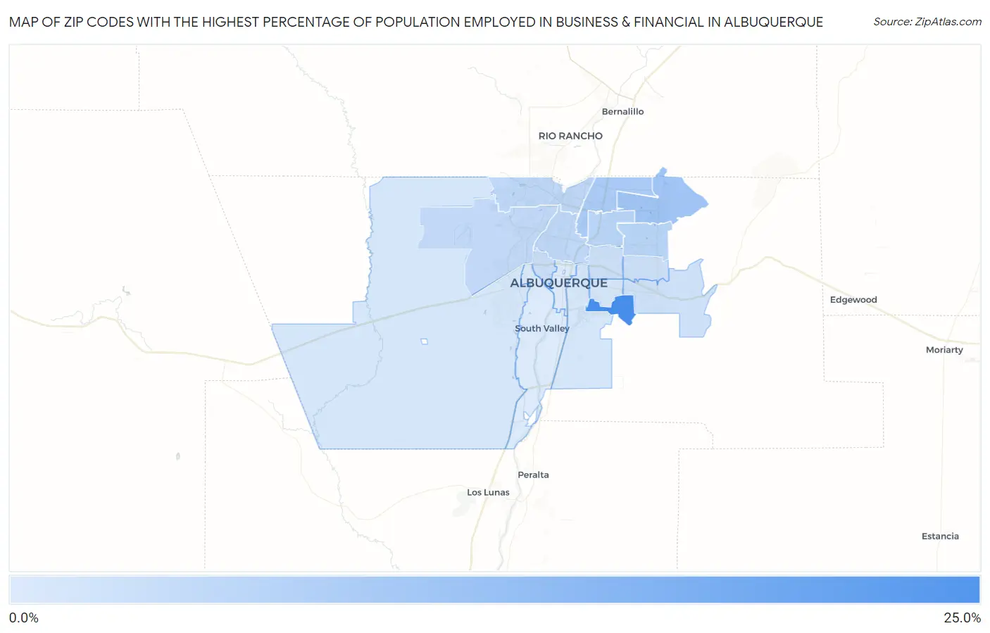 Zip Codes with the Highest Percentage of Population Employed in Business & Financial in Albuquerque Map