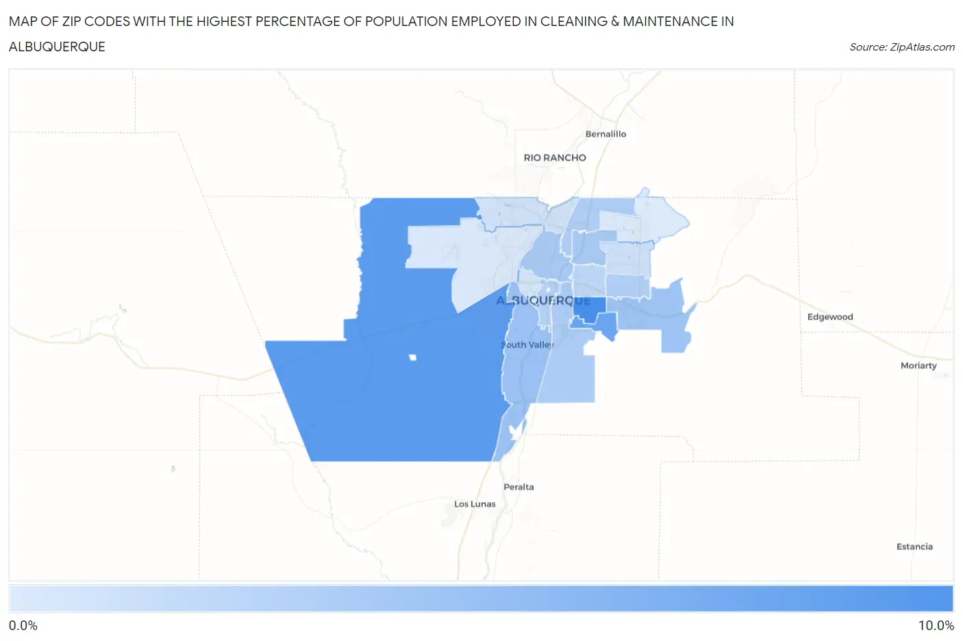 Zip Codes with the Highest Percentage of Population Employed in Cleaning & Maintenance in Albuquerque Map