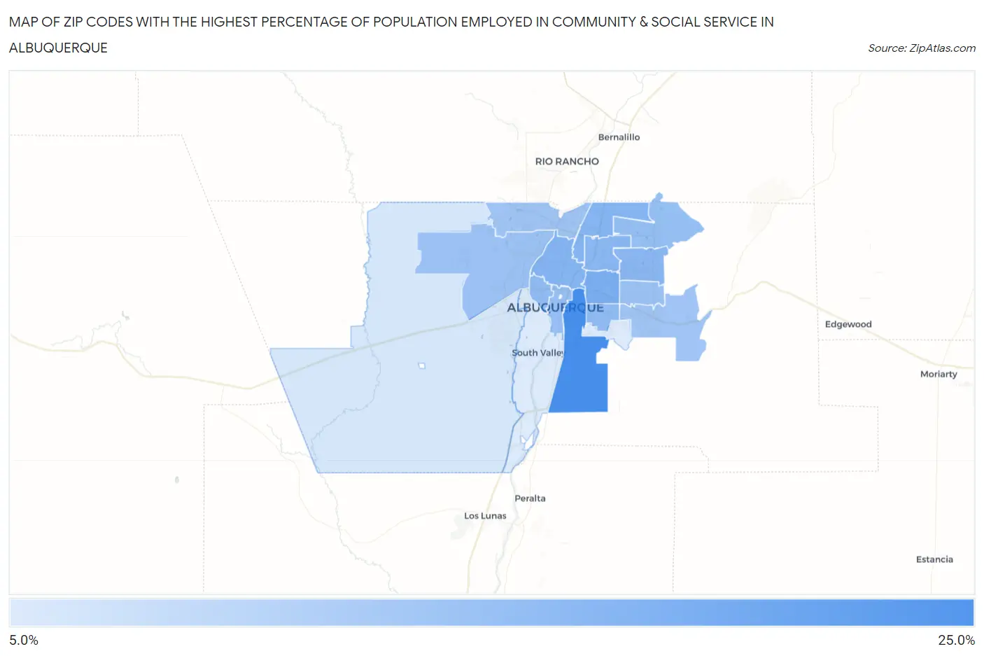Zip Codes with the Highest Percentage of Population Employed in Community & Social Service  in Albuquerque Map