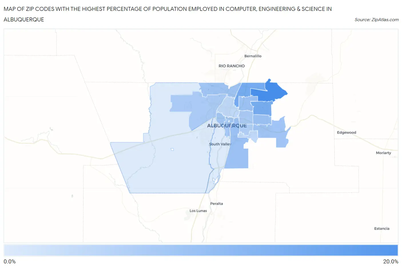 Zip Codes with the Highest Percentage of Population Employed in Computer, Engineering & Science in Albuquerque Map