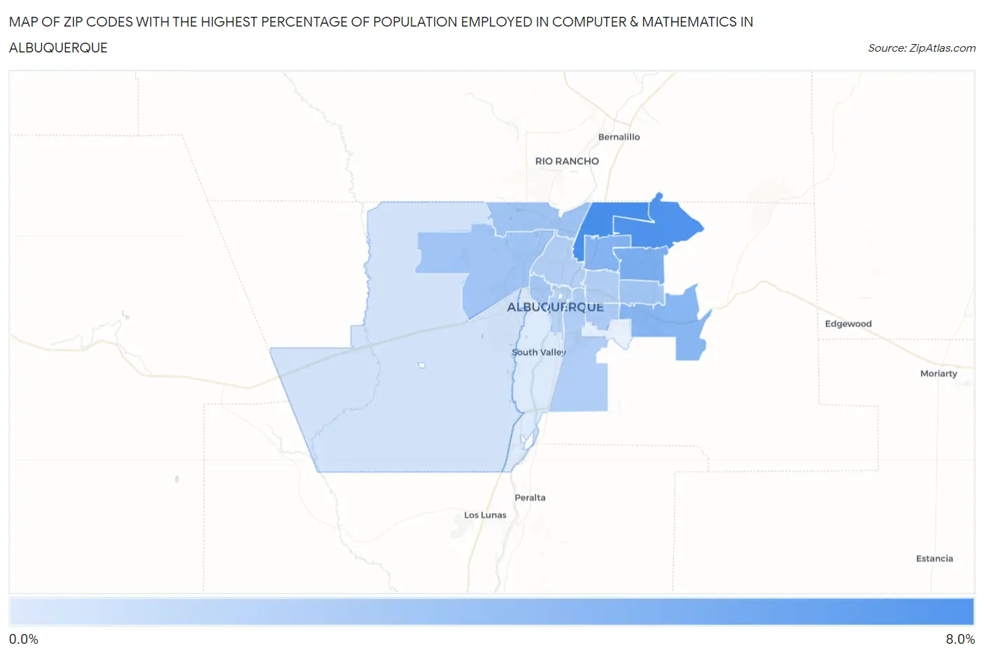 Zip Codes with the Highest Percentage of Population Employed in Computer & Mathematics in Albuquerque Map