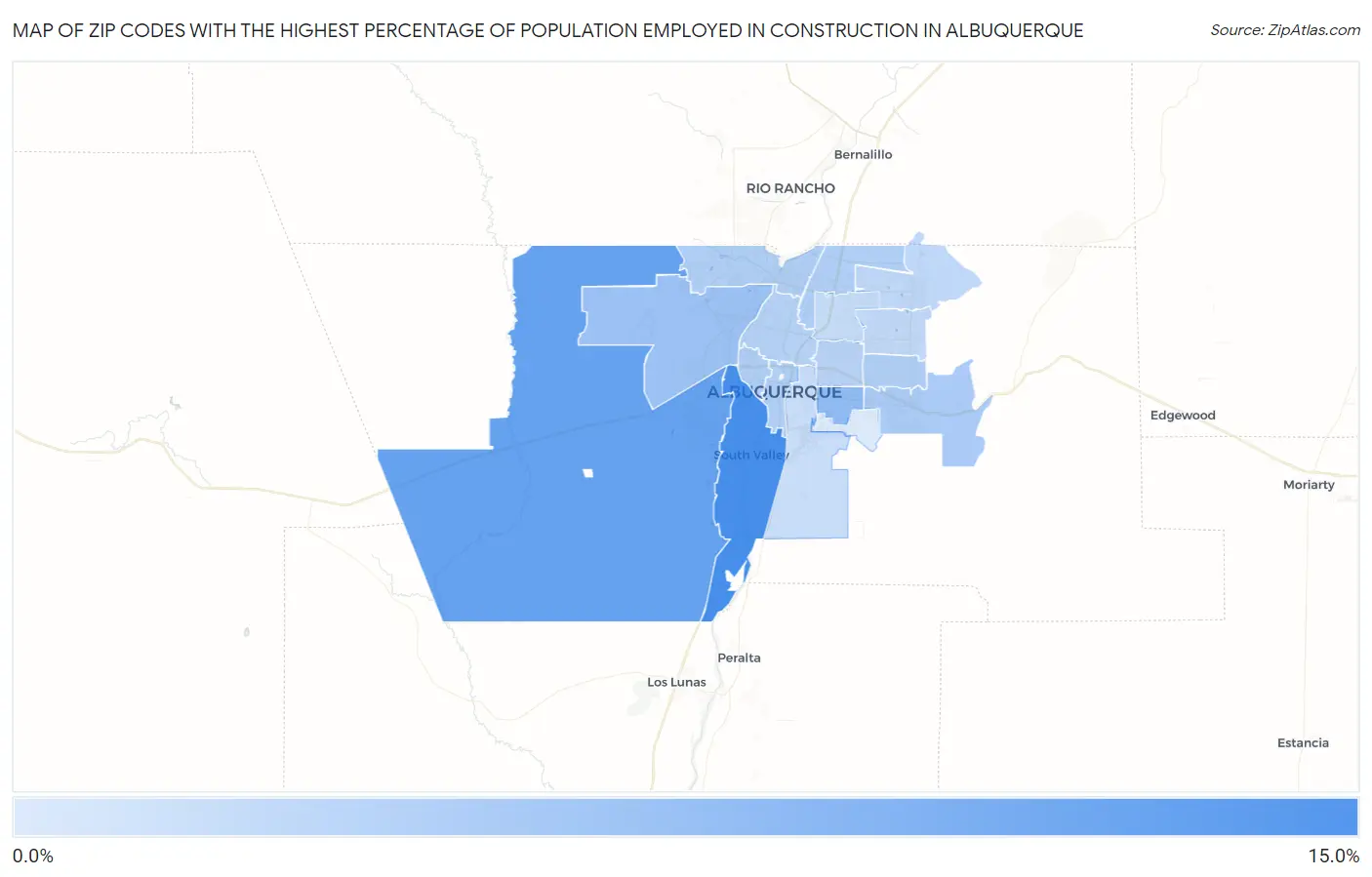 Zip Codes with the Highest Percentage of Population Employed in Construction in Albuquerque Map