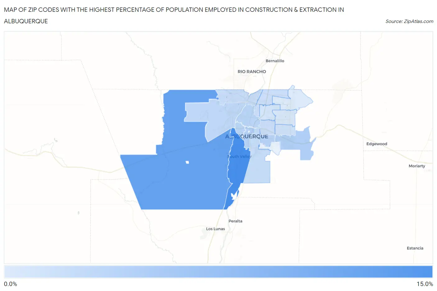 Zip Codes with the Highest Percentage of Population Employed in Construction & Extraction in Albuquerque Map