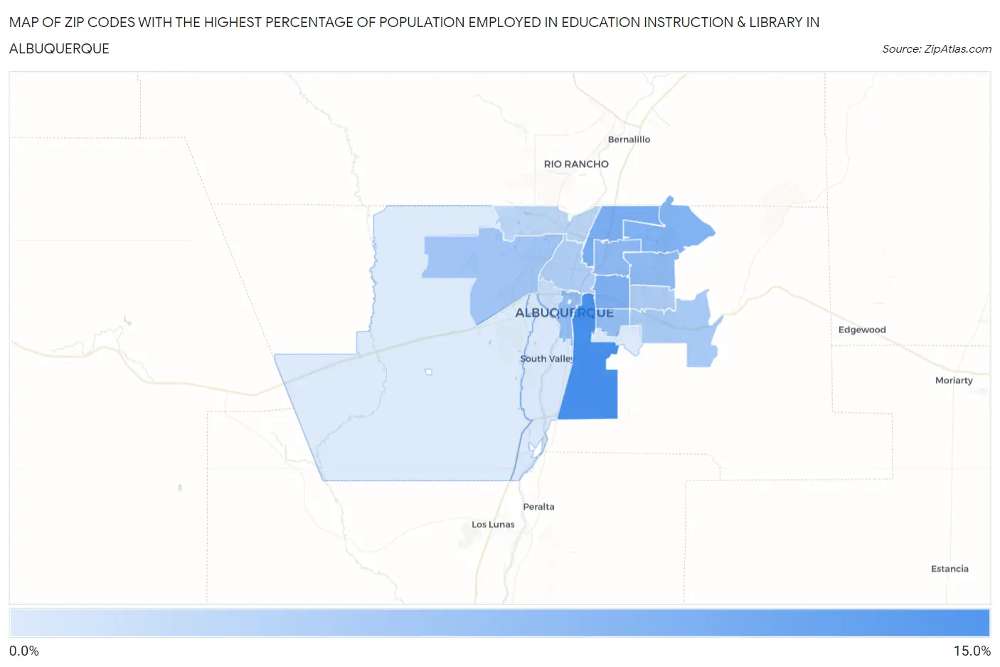 Zip Codes with the Highest Percentage of Population Employed in Education Instruction & Library in Albuquerque Map