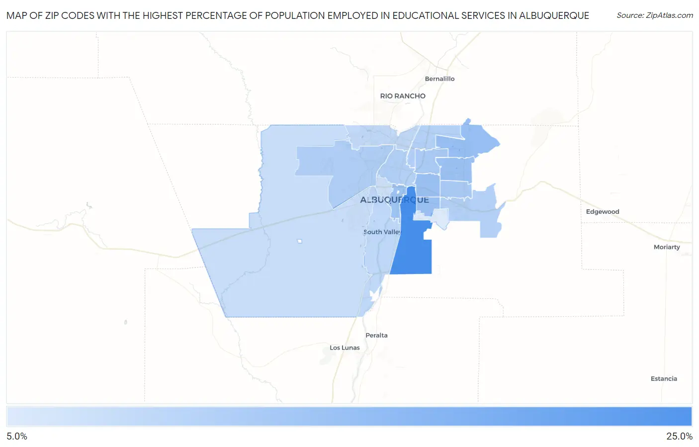 Zip Codes with the Highest Percentage of Population Employed in Educational Services in Albuquerque Map