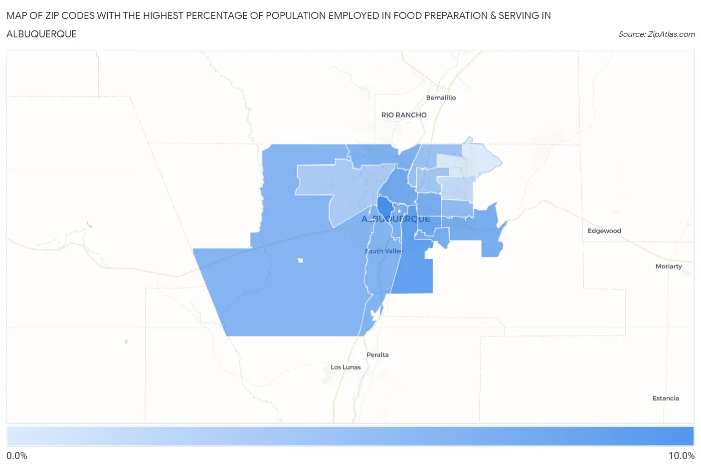 Zip Codes with the Highest Percentage of Population Employed in Food Preparation & Serving in Albuquerque Map