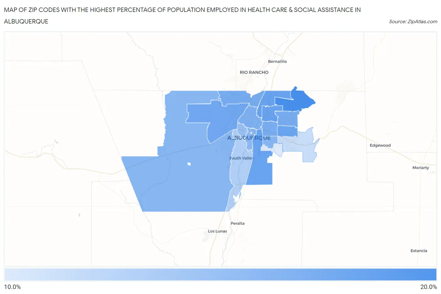 Zip Codes with the Highest Percentage of Population Employed in Health Care & Social Assistance in Albuquerque Map