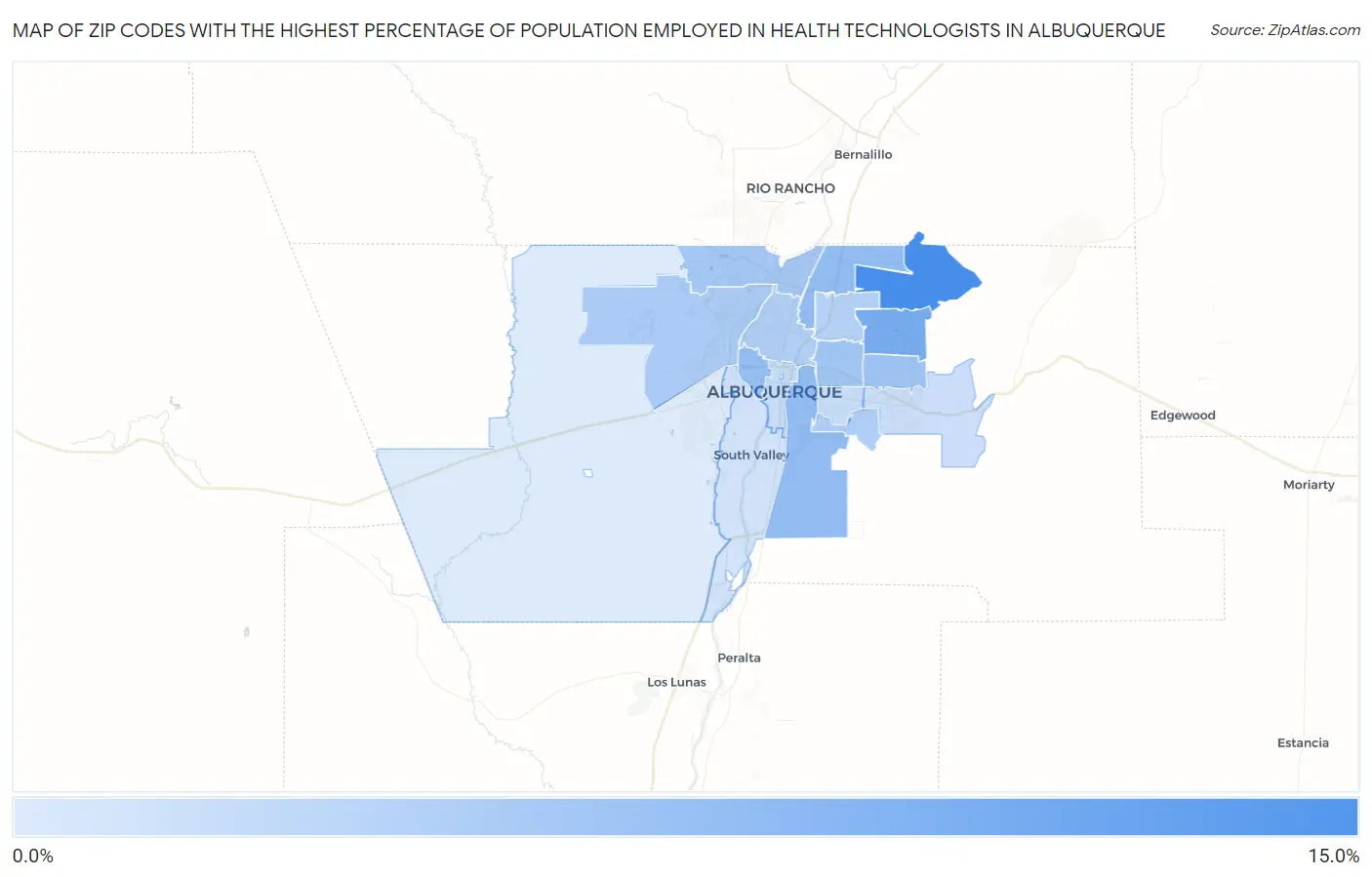 Zip Codes with the Highest Percentage of Population Employed in Health Technologists in Albuquerque Map