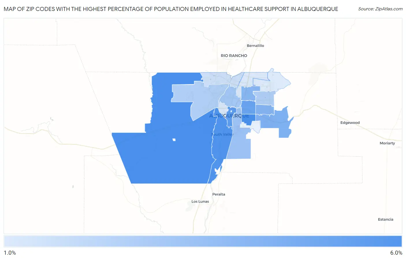 Zip Codes with the Highest Percentage of Population Employed in Healthcare Support in Albuquerque Map