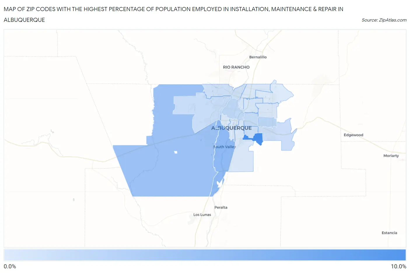 Zip Codes with the Highest Percentage of Population Employed in Installation, Maintenance & Repair in Albuquerque Map