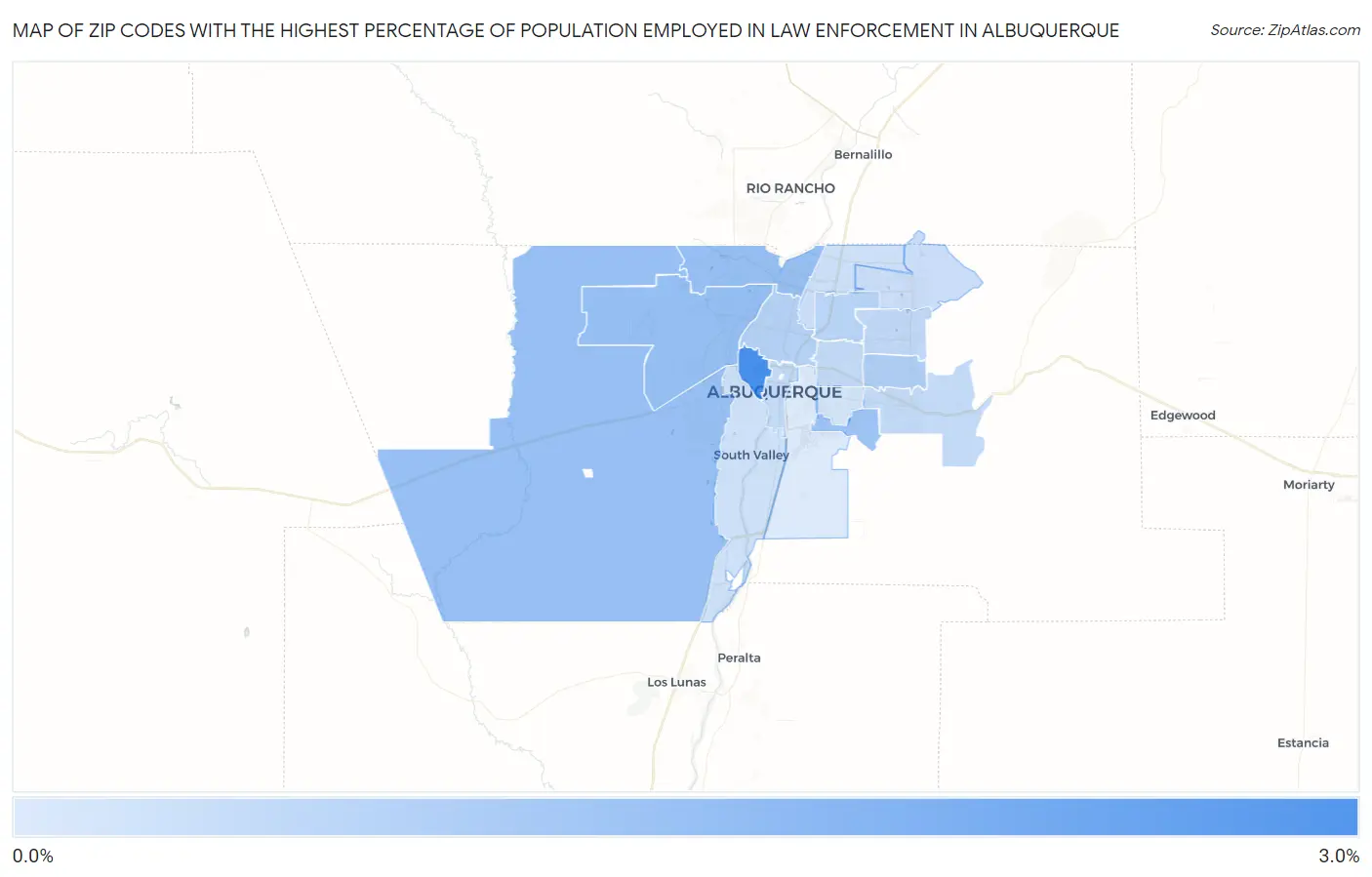 Zip Codes with the Highest Percentage of Population Employed in Law Enforcement in Albuquerque Map